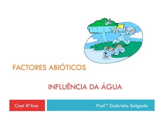 FACTORES ABIÓTICOS

             INFLUÊNCIA DA ÁGUA

Cnat 8ºAno              Prof.ª Gabriela Salgado
 