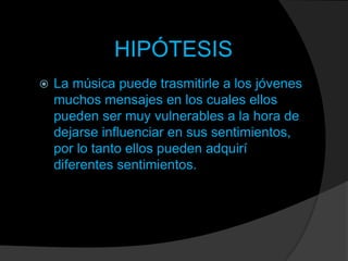 HIPÓTESIS


La música puede trasmitirle a los jóvenes
muchos mensajes en los cuales ellos
pueden ser muy vulnerables a la hora de
dejarse influenciar en sus sentimientos,
por lo tanto ellos pueden adquirí
diferentes sentimientos.

 