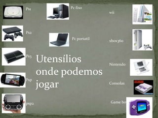 Pc fixowiixbox360               Nintendo                 Consolas  Game boyPs1Ps2Ps3Psppsp2Pc portatilUtensílios onde podemos jogar