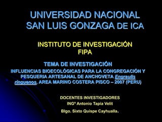 UNIVERSIDAD NACIONAL SAN LUIS GONZAGADE ICAINSTITUTO DE INVESTIGACIÓNFIPA TEMA DE INVESTIGACIÓN INFLUENCIAS BIOECOLÓGICAS PARA LA CONGREGACIÓN Y PESQUERIA ARTESANAL DE ANCHOVETA Engraulisrínguenos, AREA MARINO COSTERA PISCO – 2007 (PERU) DOCENTES INVESTIGADORES INGº Antonio Tapia Velit Blgo. Sixto Quispe Cayhualla. 
