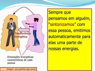 Sempre que
pensamos em alguém,
“sintonizamos” com
essa pessoa, emitimos
automaticamente para
elas uma parte de
nossas energias.
Emanações Energéticas
características de cada
pessoa
Transferência
Energética
Imagem: www.parchen.hpg.com.br
 