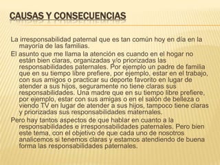 CAUSAS Y CONSECUENCIAS

La irresponsabilidad paternal que es tan común hoy en día en la
   mayoría de las familias.
El asunto que me llama la atención es cuando en el hogar no
   están bien claras, organizadas y/o priorizadas las
   responsabilidades paternales. Por ejemplo un padre de familia
   que en su tiempo libre prefiere, por ejemplo, estar en el trabajo,
   con sus amigos o practicar su deporte favorito en lugar de
   atender a sus hijos, seguramente no tiene claras sus
   responsabilidades. Una madre que en su tiempo libre prefiere,
   por ejemplo, estar con sus amigas o en el salón de belleza o
   viendo TV en lugar de atender a sus hijos, tampoco tiene claras
   y priorizadas sus responsabilidades maternales.
Pero hay tantos aspectos de que hablar en cuanto a la
   responsabilidades e irresponsabilidades paternales. Pero bien
   este tema, con el objetivo de que cada uno de nosotros
   analicemos si tenemos claras y estamos atendiendo de buena
   forma las responsabilidades paternales.
 