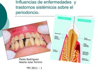 Influencias de enfermedades y
trastornos sistémicos sobre el
periodoncio.




 Paola Rodriguez
 Noelia Jose Fermin

      TPI 2011 - 1
 