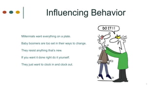 Influencing Behavior
1
Millennials want everything on a plate.
Baby boomers are too set in their ways to change.
They resist anything that’s new.
If you want it done right do it yourself.
They just want to clock in and clock out.
 