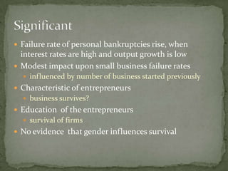  Failure rate of personal bankruptcies rise, when
interest rates are high and output growth is low
Modest impact upon small business failure rates
influenced by number of business started previously
Characteristic of entrepreneurs
business survives?
Education of the entrepreneurs
survival of firms
No evidence that gender influences survival