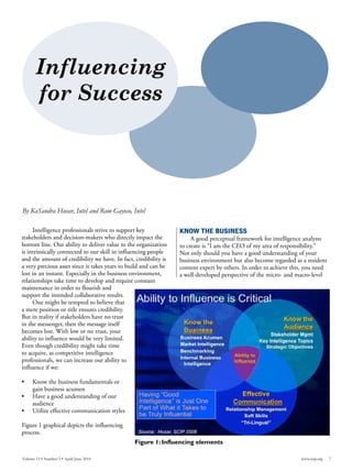 Influencing
       for Success




By KaSandra Husar, Intel and Rom Gayoso, Intel

     Intelligence professionals strive to support key            KNOW THE BUSINESS
stakeholders and decision-makers who directly impact the              A good perceptual framework for intelligence analysts
bottom line. Our ability to deliver value to the organization    to create is “I am the CEO of my area of responsibility.”
is intrinsically connected to our skill in influencing people    Not only should you have a good understanding of your
and the amount of credibility we have. In fact, credibility is   business environment but also become regarded as a resident
a very precious asset since it takes years to build and can be   content expert by others. In order to achieve this, you need
lost in an instant. Especially in the business environment,      a well-developed perspective of the micro- and macro-level
relationships take time to develop and require constant
maintenance in order to flourish and
support the intended collaborative results.
     One might be tempted to believe that
a mere position or title ensures credibility.
But in reality if stakeholders have no trust
in the messenger, then the message itself
becomes lost. With low or no trust, your
ability to influence would be very limited.
Even though credibility might take time
to acquire, as competitive intelligence
professionals, we can increase our ability to
influence if we:

•    Know the business fundamentals or
     gain business acumen
•    Have a good understanding of our
     audience
•    Utilize effective communication styles

Figure 1 graphical depicts the influencing
process.
                                                Figure 1: Influencing elements

Volume 13 • Number 2 • April/June 2010                                                                            www.scip.org   7
 