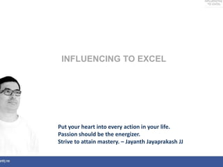 Put your heart into every action in your life.
Passion should be the energizer.
Strive to attain mastery. – Jayanth Jayaprakash JJ
INFLUENCING TO EXCEL
 