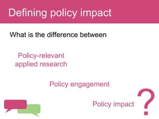 Question:Defining policy impact
What is the difference between
Policy-relevant
applied research
Policy engagement
Policy impact
?
 