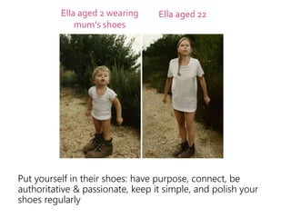 Ella aged 2 wearing
mum’s shoes
Ella aged 22
Put yourself in their shoes: have purpose, connect, be
authoritative & passionate, keep it simple, and polish your
shoes regularly
 
