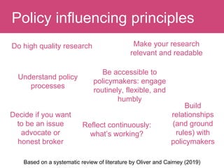 Do high quality research
Question:Policy influencing principles
Make your research
relevant and readable
Understand policy
processes
Be accessible to
policymakers: engage
routinely, flexible, and
humbly
Decide if you want
to be an issue
advocate or
honest broker
Build
relationships
(and ground
rules) with
policymakers
Reflect continuously:
what’s working?
Based on a systematic review of literature by Oliver and Cairney (2019)
 