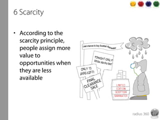 radius 360
6 Scarcity
• According to the
scarcity principle,
people assign more
value to
opportunities when
they are less
...