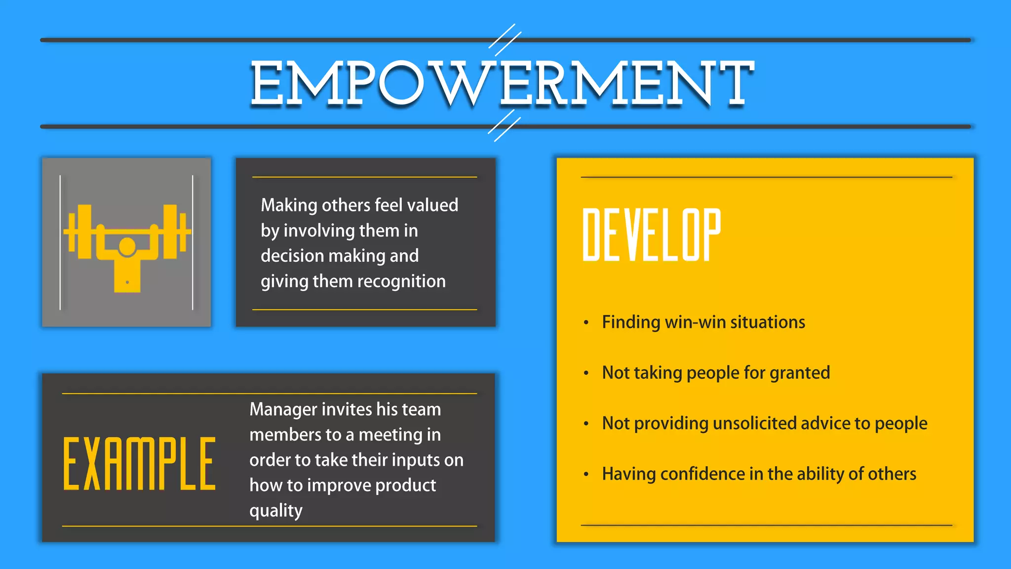 EMPOWERMENT
EXAMPLE
DEVELOP
•
•
•
•
