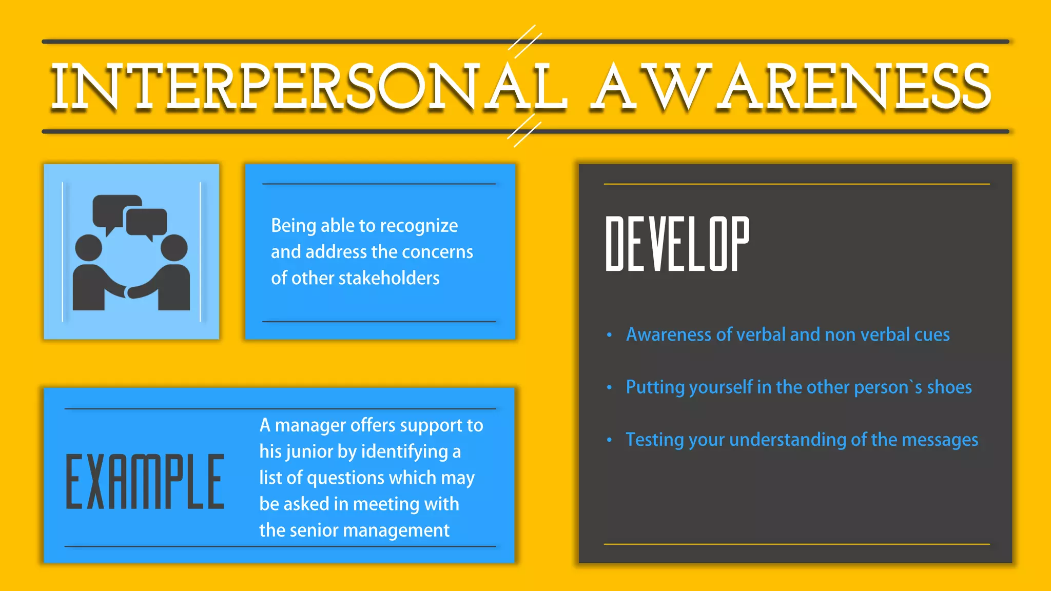 INTERPERSONAL AWARENESS
EXAMPLE
DEVELOP
•
•
•