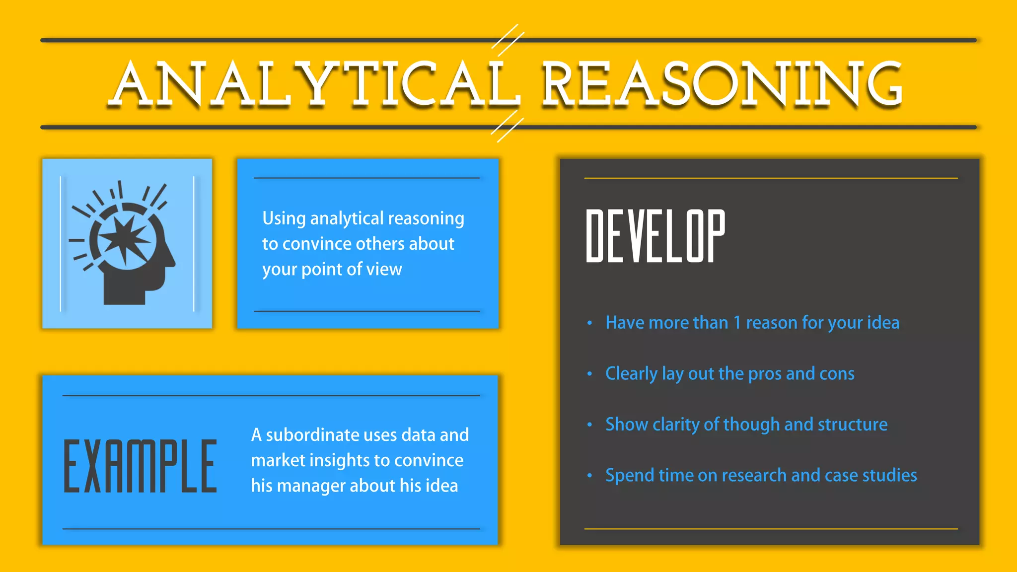 ANALYTICAL REASONING
EXAMPLE
DEVELOP
•
•
•
•