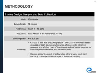 12
Survey Design, Sample, and Data Collection
Mode: Web survey
Survey length: 15 minutes
Field timing: March 1 – 13, 2013
Population: Mass Affluent in the Netherlands (n=100)
Sampling Error: +/-9.80% pts.
Screening:
• €75,000 to less than €750,000 (~$100k - $1M USD) in investable assets.
(includes all cash, savings, mutual funds, stocks, bonds, retirement
accounts, and all other types of investments and real estate ventures, but
excludes primary residence and vacation homes)
• Have an account, product, or policy with a either a bank, credit card
company, brokerage, asset manager, or insurance company
METHODOLOGY
 