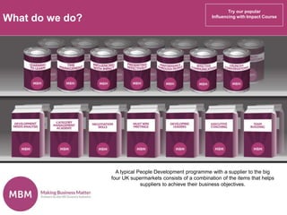 What do we do?
A typical People Development programme with a supplier to the big
four UK supermarkets consists of a combination of the items that helps
suppliers to achieve their business objectives.
Try our popular
Influencing with Impact Course
 