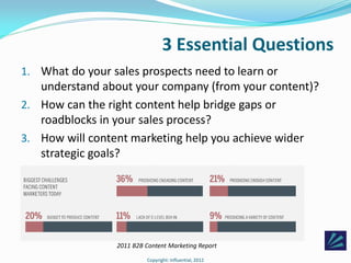 3 Essential Questions
1. What do your sales prospects need to learn or
   understand about your company (from your content...