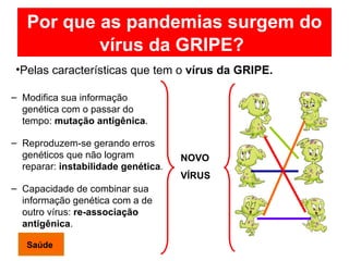 Por que as pandemias surgem do vírus da GRIPE?   Modifica sua informação genética com o passar do tempo:  mutação antigênica . Reproduzem-se gerando erros genéticos que não logram reparar:  instabilidade genética . Capacidade de combinar sua informação genética com a de outro vírus:  re-associação antigênica .  Pelas características que tem o  vírus da GRIPE. NOVO  VÍRUS Saúde 