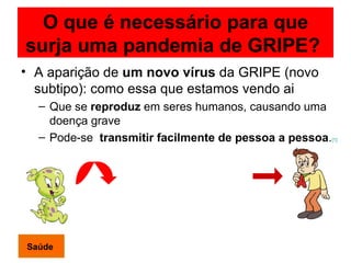 O que é necessário para que surja uma pandemia de GRIPE?   Saúde A aparição de  um novo vírus  da GRIPE (novo subtipo): como essa que estamos vendo ai Que se  reproduz  em seres humanos, causando uma doença grave  Pode-se  transmitir facilmente de pessoa a pessoa . [1]   