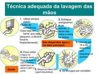 Técnica adequada da lavagem das mãos Saúde Não desperdice água e um bem preciosos Utilize sempre sabão. -líquido de preferência. -Caso seja em barra: que seja  (pequeno, e deverá trocá-lo freqüentemente)   2.  Esfregue  energicamente as palmas, o dorso das mãos e entre os dedos. 3.  Lave-as por 15 a 20 segundos sem esquecer os punhos . 4.  Se enxugue por completo . 5.  Seque as mãos com  papel descartável . 6.   Passe sabão e água na torneira, feche o fluxo de água e use o mesmo papel para se secar e abrir a porta   