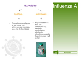 HABITUAL Consejo general para la persona  con influenza es (reposo, ingesta de líquidos). El paracetamol: Por ser antitérmico y  también analgésico  aliviando simultáneamente los síntomas y el dolor. Influenza A ANTIVIRALES TRATAMIENTO Prevención click 