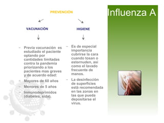 VACUNACIÓN Previa vacunación  es estudiado el paciente optando por cantidades limitadas contra la pandemia priorizando a los  pacientes mas graves y de acuerdo edad: Mayores de 60 años Menores de 5 años Inmunodeprimidos (diabetes, sida). Es de especial importancia cubrirse la cara cuando tosan o estornuden, así como el lavado frecuente de manos.  La desinfección de superficies está recomendada en las zonas en las que pueda depositarse el virus.  Influenza A HIGIENE PREVENCIÓN 