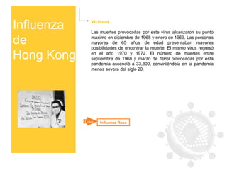 Influenza  de  Hong Kong Víctimas Las muertes provocadas por este virus alcanzaron su punto máximo en diciembre de 1968 y enero de 1969. Las personas mayores de 65 años de edad presentaban mayores posibilidades de encontrar la muerte. El mismo virus regresó en el año 1970 y 1972. El número de muertes entre septiembre de 1968 y marzo de 1969 provocadas por esta pandemia ascendió a 33,800, convirtiéndola en la pandemia menos severa del siglo 20. Influenza Rusa click 