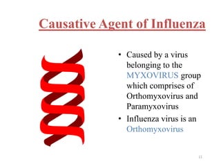 Causative Agent of Influenza 
• Caused by a virus 
belonging to the 
MYXOVIRUS group 
which comprises of 
Orthomyxovirus and 
Paramyxovirus 
• Influenza virus is an 
Orthomyxovirus 
11 
 