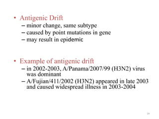 • Antigenic Drift 
– minor change, same subtype 
– caused by point mutations in gene 
– may result in epidemic 
• Example of antigenic drift 
– in 2002-2003, A/Panama/2007/99 (H3N2) virus 
was dominant 
– A/Fujian/411/2002 (H3N2) appeared in late 2003 
and caused widespread illness in 2003-2004 
14 
 