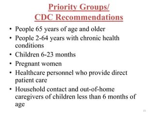 15 
Priority Groups/ 
CDC Recommendations 
• People 65 years of age and older 
• People 2-64 years with chronic health 
conditions 
• Children 6-23 months 
• Pregnant women 
• Healthcare personnel who provide direct 
patient care 
• Household contact and out-of-home 
caregivers of children less than 6 months of 
age 
 