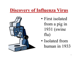 Discovery of Influenza Virus 
• First isolated 
from a pig in 
1931 (swine 
flu) 
• Isolated from 
human in 1933 
4 
 