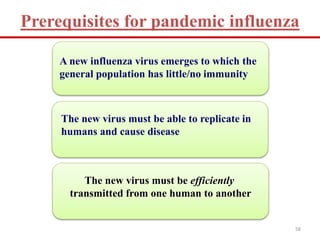 Prerequisites for pandemic influenza 
A new influenza virus emerges to which the 
general population has little/no immunity 
The new virus must be able to replicate in 
humans and cause disease 
The new virus must be efficiently 
transmitted from one human to another 
58 
 