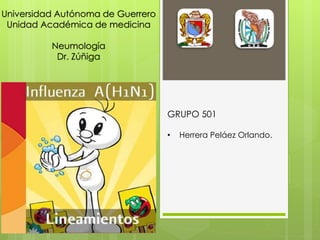 Universidad Autónoma de Guerrero 
Unidad Académica de medicina 
Neumología 
Dr. Zúñiga 
GRUPO 501 
• Herrera Peláez Orlando. 
 