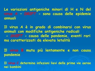 Le variazioni antigeniche minori di H e N del  virus A   –  DRIFT  -  sono causa delle epidemie annuali Il virus A è in grado di combinarsi con virus animali con modifiche antigeniche radicali   -  SHIFT  -  causa delle pandemie, eventi rari ma caratterizzati da elevata letalità Il  virus B  muta più lentamente e non causa pandemie Il   virus C   determina infezioni lievi delle prime vie aeree nei bambini 