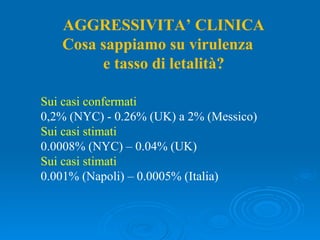 AGGRESSIVITA’ CLINICA Cosa sappiamo su virulenza  e tasso di letalità? Sui casi confermati 0,2% (NYC) - 0.26% (UK) a 2% (Messico) Sui casi stimati 0.0008% (NYC) – 0.04% (UK) Sui casi stimati 0.001% (Napoli) – 0.0005% (Italia) 
