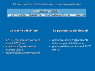 La gravità dei sintomi 39°C di temperatura corporea oltre il 3-5°giorno aumentata espettorazione mucopurolenta tosse e dispnea ingravescenti La persistenza dei sintomi perdurare senza miglioramenti nei primi giorni di infezione perdurare di sintomi oltre il 5°-7° giorno Parametri clinici  per la valutazione della sovrainfezione batterica   Infezioni respiratorie acute: impatto sociale e principi di automedicazione 