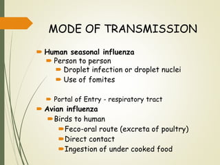 MODE OF TRANSMISSION
 Human seasonal influenza
 Person to person
 Droplet infection or droplet nuclei
 Use of fomites
 Portal of Entry - respiratory tract
 Avian influenza
Birds to human
Feco-oral route (excreta of poultry)
Direct contact
Ingestion of under cooked food
 