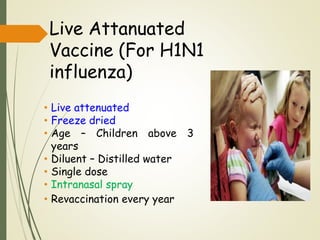 Live Attanuated
Vaccine (For H1N1
influenza)
• Live attenuated
• Freeze dried
• Age – Children above 3
years
• Diluent – Distilled water
• Single dose
• Intranasal spray
• Revaccination every year
 