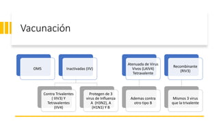 Vacunación
OMS Inactivadas (IIV)
Contra Trivalentes
( IIIV3) Y
Tetravalentes
(IIV4)
Protegen de 3
virus de Influenza
A (H3N2), A
(H1N1) Y B
Atenuada de Virus
Vivos (LAIV4)
Tetravalente
Ademas contra
otro tipo B
Recombinante
(RIV3)
Mismos 3 virus
que la trivalente
 