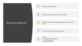 Recomendación
Pediatricos = Grupo de riesgo
Todos de 6-8 meses de edad deben ser vacunados
Vacunación durante embarazo protege pasivamente a bebes de 6
meses.
6- 8 meses que no han recibido inmunización
2 dosis
1. Tan pronto como sea posible
2.- 4 semanas después
Y posteriormente anual
 