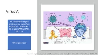 Virus A
Se subdividen según
proteínas de superficie
HEMAGLUTININA (H).-
18 Y NEURAMINIDASA
(N) .- 11
Único Zoonosis
Prevención, diagnóstico y tratamiento de la Influenza estacional. Guía de Práctica Clínica: Guía de Referencia Rápida: México, CENETEC; 2020
 