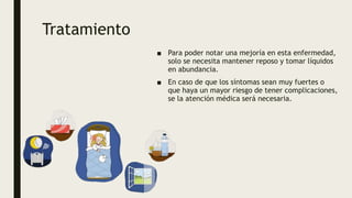 Tratamiento
■ Para poder notar una mejoría en esta enfermedad,
solo se necesita mantener reposo y tomar líquidos
en abundancia.
■ En caso de que los síntomas sean muy fuertes o
que haya un mayor riesgo de tener complicaciones,
se la atención médica será necesaria.
 