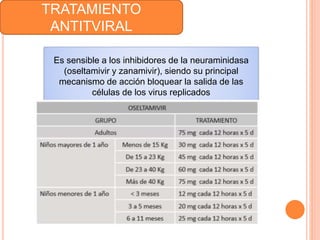 TRATAMIENTO
ANTITVIRAL
Es sensible a los inhibidores de la neuraminidasa
(oseltamivir y zanamivir), siendo su principal
mecanismo de acción bloquear la salida de las
células de los virus replicados
 