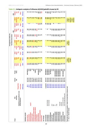 ECDC SURVEILLANCE REPORT Influenza virus characterisation – Summary Europe, February 2022
10
Table 3-2. Antigenic analysis of influenza A(H1N1)pdm09 viruses by HI
NEW
NEW
Viruses
Other
Collection
Passage
A/Paris
A/Bris
A/Swit
A/Ire
A/G-M
A/G-M
A/Ghana
A/Denmark
IVR-215
A/Sydney
information
date
history
1447/17
02/18
3330/17
87733/19
SWL1536/19
SWL1536/19
1894/21
3280/19
A/Vic/2570/19
5/21
Passage
history
MDCK
Egg
Egg
Egg
Egg
MDCK
Egg
MDCK
Egg
Egg
Ferret
number
F03/18
*2
F09/19
*1
F23/18*
1
St
Jude's
F18/20
*1
F12/20
*1
F09/20
*1
F02/22
*1
F08/20
*1
F37/21
*1
F04/22
*1
Genetic
group
6B.1A
6B.1A.1
6B.1A.5b
6B.1A.5a.1
6B.1A.5a.1
6B.1A.5a.1
6B.1A.5a.1
6B.1A.5a.2
6B.1A.5a.2
6B.1A.5a.2
REFERENCE
VIRUSES
A/Paris/1447/2017
6B.1A
2017-10-20
MDCK1/MDCK3
2560
1280
640
640
2560
1280
640
<
80
40
A/Brisbane/02/2018
6B.1A.1
2018-01-04
E3/E2
2560
1280
640
1280
2560
2560
1280
40
160
80
A/Switzerland/3330/2017
clone
35
6B.1A.5b
2017-12-20
E6/E2
1280
640
640
640
1280
1280
640
<
80
80
A/Ireland/87733/2019
6B.1A.5a.1
2019-11-03
E4
2560
1280
640
1280
2560
2560
1280
<
160
80
A/Guangdong-Maonan/SWL1536/2019
6B.1A.5a.1
2019-06-17
E3/E2
2560
640
640
1280
2560
2560
1280
<
160
80
A/Guangdong-Maonan/SWL1536/2019
6B.1A.5a.1
2019-06-17
C2/MDCK1
1280
640
320
640
2560
1280
1280
<
80
80
A/Ghana/1894/2021
6B.1A.5a.1
2021-07-21
E2
2560
1280
640
1280
>5120
>5120
>5120
40
320
160
A/Denmark/3280/2019
6B.1A.5a.2
2019-11-10
MDCK4/MDCK5
160
80
40
80
80
160
40
2560
2560
2560
IVR-215
(A/Victoria/2570/2019)
6B.1A.5a.2
2018-11-22
E4/D7/E2
80
80
40
80
160
160
40
1280
2560
2560
A/Sydney/5/2021
6B.1A.5a.2
2021-10-16
E3/E1
80
40
40
40
80
80
80
640
1280
1280
TEST
VIRUSES
A/Ancona/01/2021
no
sequence
2021-10-19
MDCK3/MDCK1
<
<
<
<
<
<
<
640
1280
640
A/Ancona/02/2021
D94N,
T216A,
E258X
6B.1A.5a.2
2021-10-24
MDCK3/MDCK1
40
40
40
<
80
80
80
1280
2560
2560
A/Ancona/03/2021
D94N,
T216A,
E258X
6B.1A.5a.2
2021-10-26
MDCK3/MDCK1
40
40
40
40
40
40
<
1280
2560
2560
A/Romania/495584/2022
6B.1A.5a.2
2022-01-04
SIAT1/MDCK1
40
40
40
80
80
80
40
2560
>5120
>5120
A/Nimes/871/2021
A261T
6B.1A.5a.1
2021-11-19
E1/E1
1280
640
640
1280
2560
1280
1280
<
160
80
A/Chambery/893/2021
S83F
6B.1A.5a.1
2021-11-23
E1/E1
1280
640
640
1280
2560
2560
2560
80
320
160
A/Netherlands/10192/2021
Y7X
6B.1A.5a.1
2021-12-19
MDCK-MIX2/MDCK1
2560
640
640
1280
2560
2560
2560
<
80
160
A/Netherlands/10196/2021
P218X
6B.1A.5a.1
2021-12-20
MDCK-MIX2/MDCK1
2560
1280
1280
1280
2560
2560
2560
<
160
80
A/Netherlands/10201/2021
6B.1A.5a.1
2021-12-26
MDCK-MIX2/MDCK1
2560
1280
1280
1280
2560
2560
2560
80
160
80
A/Netherlands/10219/2021
F200X,
S326P
6B.1A.5a.1
2021-12-29
MDCK-MIX2/MDCK1
2560
1280
1280
2560
>5120
>5120
2560
40
160
160
A/Lyon/767/2021
A187X,
V321I
6B.1A.5a.1
2021-11-01
E2/E1
640
320
320
640
1280
1280
640
<
80
80
A/Netherlands/10227/2021
D127X,
S128T,
P137S,
G155E
6B.1A.5a.1
2021-12-30
MDCK-MIX2/MDCK1
320
160
160
160
320
640
640
<
80
80
A/Lyon/820/2021
S128T,
P137S,
G155E,
N162X(-CHO),
A187X
6B.1A.5a.1
2021-11-16
E1/E1
160
160
160
160
320
640
320
<
80
80
*
Superscripts
refer
to
antiserum
properties
(<
relates
to
the
lowest
dilution
of
antiserum
used)
Vaccine
Vaccine
Vaccine
1
<
=
<40;
2
<
=
<80;
ND
=
Not
Done
NH
2019-20
NH
2020-21
SH
2021
SH
2020
NH
2021-22
SH
2022
NH
2022-23
Haemagglutination
inhibition
titre
Post-infection
fereret
antisera
Substitutions
in
HA1
additional
to
clade
defining
substitutions
 