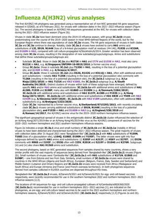 ECDC SURVEILLANCE REPORT Influenza virus characterisation – Summary Europe, February 2022
13
Influenza A(H3N2) virus analyses
The first A(H3N2) HA phylogeny was generated using a representative set of non-WIC generated HA gene sequences
released in GISAID, as of 8 February 2022, for viruses with collection dates in the 2021−2022 influenza season (Figure
2a). The second phylogeny is based on A(H3N2) HA sequences generated at the WIC for viruses with collection dates
during the 2021−2022 influenza season (Figure 2b).
Viruses in clade 3C.2a have been dominant since the 2014-15 influenza season, with group 3C.2a1b viruses
predominating over the course of the 2019−2020 season in most WHO-defined Regions of the world, but for the
European Region where there was equivalence of clade 3C.3a viruses. The HA gene sequences of viruses in both clades
3C.2a and 3C.3a continue to diverge. Notably, clade 3C.3a.1 viruses have evolved to carry HA1 amino acid
substitutions of L3I, S91N, N144K (loss of a N-linked glycosylation motif at residues 144-146), F193S and K326R,
and D160N in HA2, compared with cell culture-propagated A/Stockholm/6/2014. Greater variation has been observed
among clade 3C.2a viruses, resulting in the designation of new subclades/groups/subgroups. Amino acid substitutions
that define these subclades/groups/subgroups are:
• Subclade 3C.2a1: those in clade 3C.2a plus N171K in HA1 and I77V and G155E in HA2, most also carry
N121K in HA1, e.g. A/Singapore/INFIMH-16-0019/2016 (a former vaccine virus).
• Group 3C.2a1a: those in subclade 3C.2a1 plus T135K in HA1, resulting in the loss of a potential glycosylation
site, and G150E in HA2, e.g. A/Greece/4/2017.
• Group 3C.2a1b: those in subclade 3C.2a1 plus E62G, R142G and H311Q in HA1, often with additional amino
acid substitutions – notably HA1 T135K (resulting in the loss of a potential glycosylation site) commonly with
T128A (resulting in the loss of a potential glycosylation site), the 3C.2a1b.1 subgroup (e.g. A/La
Rioja/2202/2018) or HA1 T131K and HA2 V200I, the 3C.2a1b.2 subgroup (e.g. A/South
Australia/34/2019). Distinct clusters of viruses within both of these subgroups have emerged, defined by
specific HA1 and/or HA2 amino acid substitutions: 3C.2a1b.1a with additional amino acid substitutions of HA1
A138S, F193S and S198P, many also with G186D and D190N (e.g. A/Denmark/3284/2019);
3C.2a1b.1b with additional amino acid substitutions of HA1 S137F, A138S and F193S (e.g. A/Hong
Kong/2671/2019); 3C.2a1b.2a with additional amino acid substitutions of HA1 K83E and Y94N with HA2
I193M (e.g. A/Slovenia/1637/2020); 3C.2a1b.2b with HA2 V18M substitution, often with additional HA1
substitutions (e.g. A/Bretagne/1323/2020).
• Clade 3C.3a: represented by a former vaccine virus, A/Switzerland/9715293/2013, with recently circulating
clade 3C.3a.1 viruses carrying additional substitutions of S91N, N144K (resulting in the loss of a potential
glycosylation site), and F193S in HA1 and D160N in HA2 (e.g. A/England/538/2018 and
A/Kansas/14/2017, the A(H3N2) vaccine virus for the 2019−2020 northern hemisphere influenza season.
The significant geographical spread of viruses in the antigenically distinct 3C.2a1b.1b cluster influenced the selection of
an A/Hong Kong/2671/2019-like or an A/Hong Kong/45/2019-like virus as the A(H3N2) component of vaccines for the
2020−2021 northern hemisphere and 2021 southern hemisphere influenza seasons.
Figure 2a indicates a single 3C.3a.1 virus and small numbers of 3C.2a1b.1b and 3C.2a1b.1a (notably in Africa)
viruses to have been detected and characterised during the 2021−2022 influenza season. The great majority of viruses
with collection dates after 31 August 2021 were ‘Bangladesh-like’ (3C.2a1b.2a.2 with HA1 substitutions of Y159N,
T160I (loss of a glycosylation site), L164Q, G186D, D190N and Y195F). The latter viruses were split into four
subgroups defined by specific HA1 amino acid substitutions: (i) S205F and A212T; (ii) H56Y and S270T; (iii) D53N,
commonly with N96S and I192F; (iv) D53G often with I25V, R201K and S219Y or D104G and K276R. Subgroups
(iii) and (iv) also share HA1 H156S amino acid substitution.
The second phylogeny, based on WIC generated sequences from samples shared by many countries, shows a very
similar profile with the vast majority of sequences being derived from ‘Bangladesh-like’ (3C.2a1b.2a.2) viruses (Figure
2b). Small numbers of viruses were ‘Cambodia-like’ (3C.2a1b.2a.1 with HA1 substitutions of K171N, G186S and
S198P) – one from Estonia and two from Italy. Similarly, small numbers of 3C.2a1b.1a viruses were shared by
countries in the WHO African (Algeria and South Africa), European (Belgium, France, Italy, Sweden and Switzerland) and
Middle Eastern (Lebanon and Oman) Regions and 3C.2a1b.1b viruses were received from Africa (Madagascar and
South Africa) and Europe (Armenia and France [and French overseas territories]). In both phylogenies sequences
derived from samples collected in EU/EEA countries are dispersed throughout the trees.
‘Bangladesh-like’ 3C.2a1b.2a.2 viruses, A/Darwin/9/2021 and A/Darwin/6/2021 for egg- and cell-based vaccines
respectively, were recently recommended for use in the southern hemisphere 2022 and northern hemisphere 2022−2023
influenza seasons [2,3].
The locations of HA sequences for egg- and cell culture-propagated cultivars of A/Cambodia/e0826360/2020
(3C.2a1b.2a.1) recommended for use in northern hemisphere 2021−2022 vaccines [1], are indicated on the
phylogenies, as are egg- and cell-culture based vaccines to be used in the 2022 southern hemisphere and northern
hemisphere seasons, A/Darwin/9/2021 and A/Darwin/6/2021 (3C.2a1b.2a.2) respectively [2,3] (Figures 2a and 2b).
 
