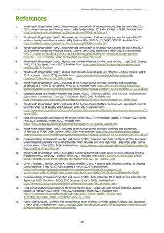 ECDC SURVEILLANCE REPORT Influenza virus characterisation – Summary Europe, February 2022
30
References
1. World Health Organization (WHO). Recommended composition of influenza virus vaccines for use in the 2021-
2022 northern hemisphere influenza season. Wkly Epidemiol Rec. 2021 Mar 19;96(11):77-88. Available from:
https://reliefweb.int/sites/reliefweb.int/files/resources/WER9611-eng-fre.pdf
2. World Health Organization (WHO). Recommended composition of influenza virus vaccines for use in the 2022
southern hemisphere influenza season. Wkly Epidemiol Rec. 2021 Oct 22;96(42):509-520. Available from:
https://reliefweb.int/sites/reliefweb.int/files/resources/WER9642-eng-fre.pdf
3. World Health Organization (WHO). Recommended composition of influenza virus vaccines for use in the 2022-
2023 northern hemisphere influenza season. Geneva: WHO; 2022 [accessed 3 March 2022]. Available from:
https://cdn.who.int/media/docs/default-source/influenza/who-influenza-recommendations/vcm-northern-
hemisphere-recommendation-2022-2023/202202_recommendation.pdf
4. World Health Organization (WHO). Human infection with influenza A(H7N9) virus in China. 1 April 2013. Geneva:
WHO; 2013 [accessed 1 March 2022]. Available from: https://www.who.int/emergencies/disease-outbreak-
news/item/2013_04_01-en
5. World Health Organization (WHO). Human infection with avian influenza A(H7N9) virus – China. Geneva: WHO;
2017 [accessed 1 March 2022]. Available from: https://www.who.int/emergencies/disease-outbreak-
news/item/26-october-2017-ah7n9-china-en
6. World Health Organization (WHO). Influenza at the human–animal interface. Summary and assessment,
26 January to 2 March 2018. Geneva: WHO; 2018. Available from: https://cdn.who.int/media/docs/default-
source/influenza/human-animal-interface-risk-assessments/influenza_summary_ira_ha_interface_02_03_2018.pdf
7. European Centre for Disease Prevention and Control (ECDC). Influenza A(H7N9) virus in China - implications for
public health - 7th update, 3 July 2017. Stockholm: ECDC; 2017. Available from:
https://www.ecdc.europa.eu/sites/default/files/documents/2017-07-03-RRA-Disease-China_H7N9_0.pdf
8. World Health Organization (WHO). Influenza at the human-animal interface. Summary and assessment, from 14
December 2021 to 21 January 2022. Geneva: WHO; 2022. Available from:
https://www.who.int/publications/m/item/influenza-at-the-human-animal-interface-summary-and-assessment-21-
january-2022
9. Food and Agricultural Organization of the United Nations (FAO). H7N9 situation update, 2 February 2022. Rome:
FAO; 2022 [accessed 2 March 2022]. Available from:
https://www.fao.org/ag/againfo/programmes/en/empres/H7N9/Situation_update.html
10. World Health Organization (WHO). Influenza at the human–animal interface. Summary and assessment,
13 February to 9 April 2019. Geneva: WHO; 2019. Available from: https://cdn.who.int/media/docs/default-
source/influenza/human-animal-interface-risk-assessments/influenza_summary_ira_ha_interface_09_04_2019.pdf
11. European Centre for Disease Prevention and Control (ECDC), European Food Safety Authority (EFSA), European
Union Reference Laboratory for Avian Influenza. Avian influenza overview September – December 2021. Parma
and Stockholm: EFSA, ECDC; 2021. Available from: https://www.ecdc.europa.eu/sites/default/files/documents/AI-
Report-XVIII_draft_published.pdf
12. World Health Organization (WHO). Cumulative number of confirmed human cases for avian influenza A(H5N1)
reported to WHO, 2003–2021. Geneva: WHO; 2021. Available from: https://cdn.who.int/media/docs/default-
source/influenza/human-animal-interface-risk-assessments/2021_oct_tableh5n1.pdf
13. Oliver I, Roberts J, Brown C, Byrne A, Mellon D, Hansen R, et al. A case of avian influenza A(H5N1) in England.
Eurosurveillance. 3 Feb 2022. 27;5 [accessed 1 March 2022]. Available from:
https://www.eurosurveillance.org/docserver/fulltext/eurosurveillance/27/5/eurosurv-27-5-
1.pdf?expires=1646140238&id=id&accname=guest&checksum=5045AC487CE132037838BD69AAFFDC50
14. European Centre for Disease Prevention and Control (ECDC). Avian influenza: EU on alert for new outbreaks. 30
September 2020. Stockholm: ECDC; 2020 [accessed 1 March 2022]. Available from:
https://www.ecdc.europa.eu/en/news-events/avian-influenza-eu-alert-new-outbreaks
15. Food and Agricultural Organization of the United Nations (FAO). Global AIV with zoonotic potential situation
update, 23 February 2022. Rome: FAO; 2022 [accessed 1 March 2022]. Available from:
https://mcusercontent.com/dc0b96ca6646c8eedf16a2216/files/bc782d4a-f1fd-5a03-c680-
983b506e6749/Global_update_zoonoticAIV_2022_02_23.pdf
16. Public Health England. Guidance, risk assessment of avian influenza A(H9N2) update, 9 August 2021 [accessed
2 March 2022]. Available from: https://www.gov.uk/government/publications/risk-assessment-of-avian-influenza-
ah9n2/risk-assessment-of-avian-influenza-ah9n2
 