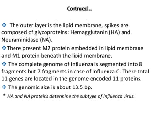 Continued….
 The outer layer is the lipid membrane, spikes are
composed of glycoproteins: Hemagglutanin (HA) and
Neuramin...
