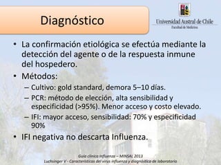 Diagnóstico
• La confirmación etiológica se efectúa mediante la
detección del agente o de la respuesta inmune
del hospedero.
• Métodos:
– Cultivo: gold standard, demora 5–10 días.
– PCR: método de elección, alta sensibilidad y
especificidad (>95%). Menor acceso y costo elevado.
– IFI: mayor acceso, sensibilidad: 70% y especificidad
90%
• IFI negativa no descarta Influenza.
Guía clínica Influenza – MINSAL 2013
Luchsinger V - Características del virus influenza y diagnóstico de laboratorio
Diagnóstico
 