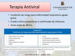• Condición de riesgo para enfermedad respiratoria aguda
grave.
• Cuadro clínico sospechoso o confirmado de influenza.
• Inicio antes de 48 hrs.
Guía clínica Influenza – MINSAL 2013
Terapia Antiviral
 