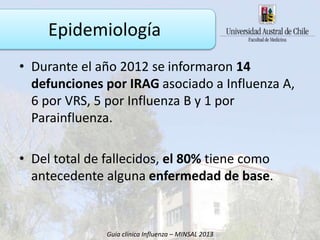 • Durante el año 2012 se informaron 14
defunciones por IRAG asociado a Influenza A,
6 por VRS, 5 por Influenza B y 1 por
Parainfluenza.
• Del total de fallecidos, el 80% tiene como
antecedente alguna enfermedad de base.
Guía clínica Influenza – MINSAL 2013
Epidemiología
 
